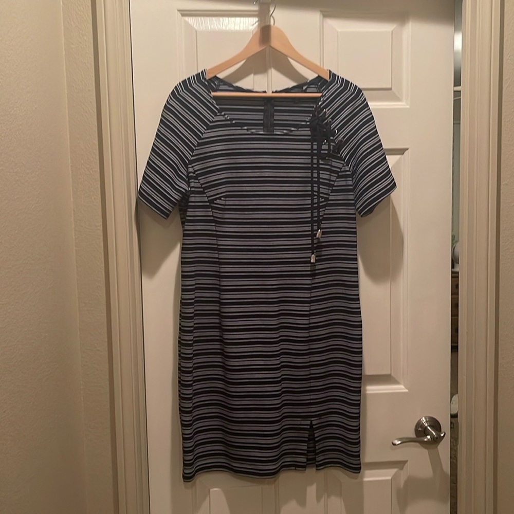 Sharagano blue short dress with white stripes